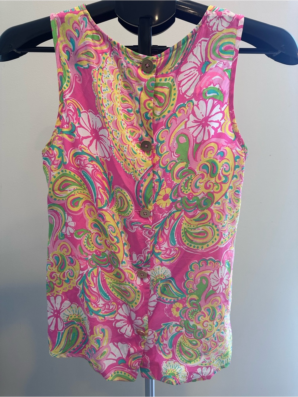 Lilly Pulitzer Pink Green Yellow Paisley Floral Button-Back Top
